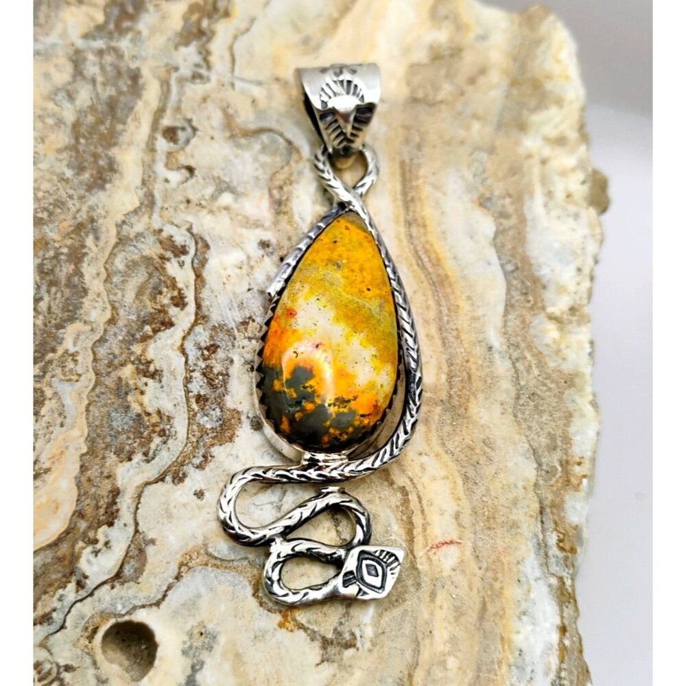 Southwest Sterling Silver Rattlesnake Snake Pendant w/Bumblee Jasper Wide Bale